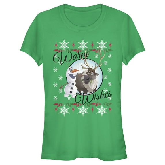 Junior's Frozen Christmas Warm Wishes Graphic Tee Kelly Green 2X Large