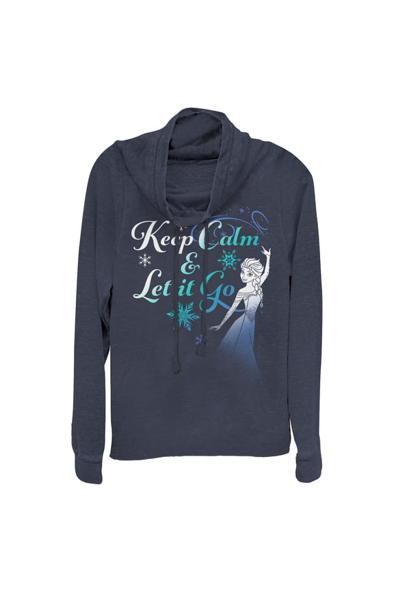 Junior's Frozen Elsa Keep Calm Cowl Neck Sweatshirt Navy Blue Large