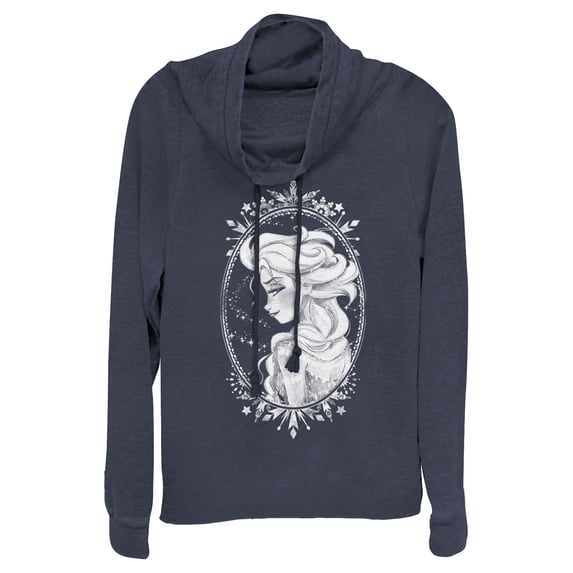 Junior's Frozen Elsa Snow Queen Frame Cowl Neck Sweatshirt Navy Blue Large