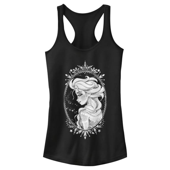 Junior's Frozen Elsa Snow Queen Frame Racerback Tank Top Black Small