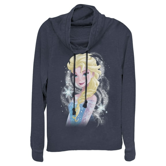 Junior's Frozen Elsa Sparkle Profile  Cowl Neck Sweatshirt Navy Blue Medium