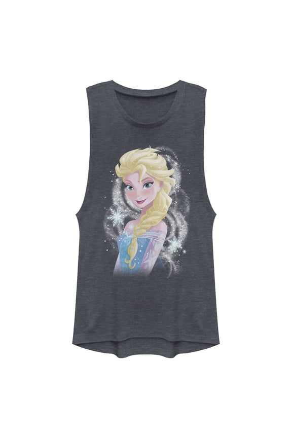 Junior's Frozen Elsa Sparkle Profile Festival Muscle Graphic Tee Denim Blue Heather Medium