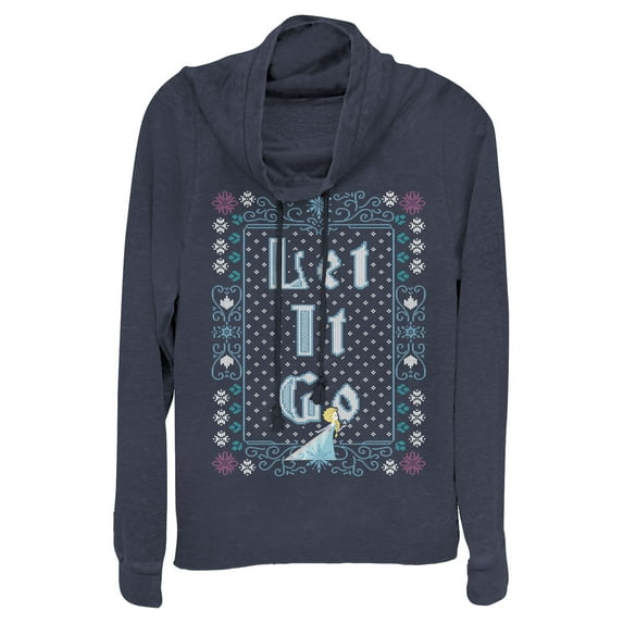 Junior's Frozen Let Go Knit Pattern Cowl Neck Sweatshirt Navy Blue 2X Large