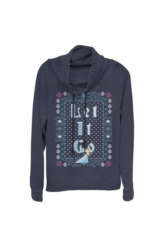 Junior's Frozen Let Go Knit Pattern Cowl Neck Sweatshirt Navy Blue 4X Large