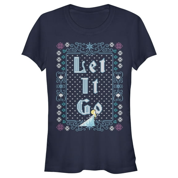 Junior's Frozen Let Go Knit Pattern Graphic Tee Navy Blue 2X Large