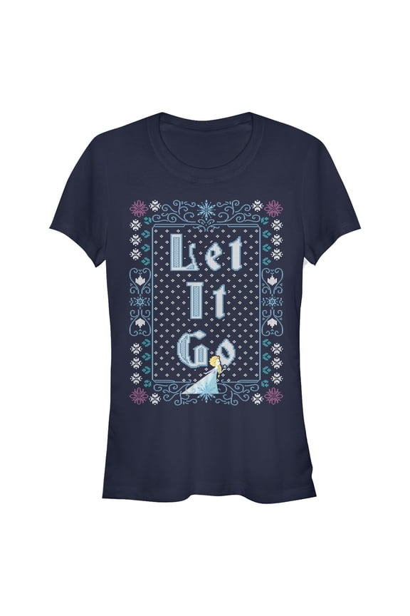 Junior's Frozen Let Go Knit Pattern Graphic Tee Navy Blue X Large