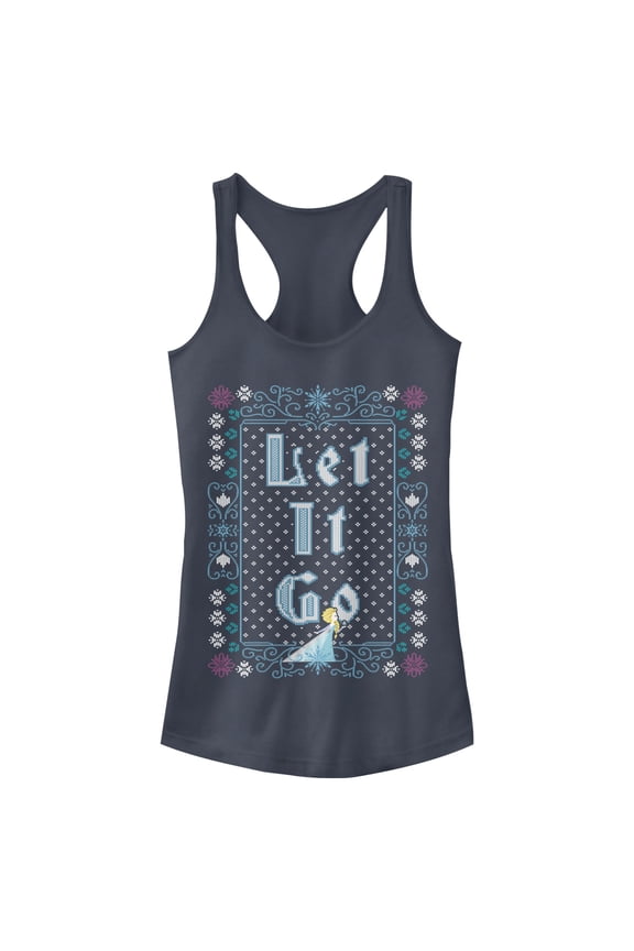 Junior's Frozen Let Go Knit Pattern Racerback Tank Top Indigo Medium