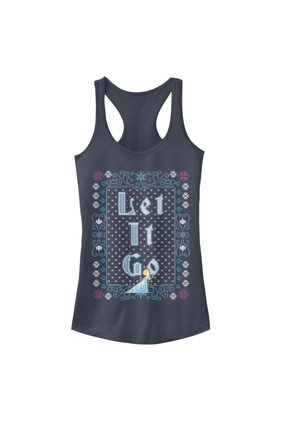 Junior's Frozen Let Go Knit Pattern Racerback Tank Top Indigo Small