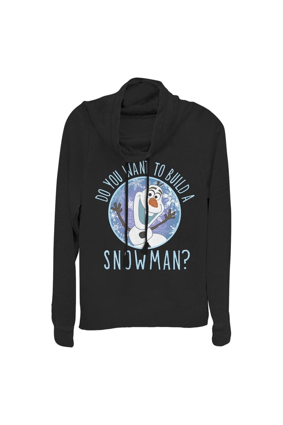 Junior's Frozen Olaf Build Snowman Cowl Neck Sweatshirt Black Small