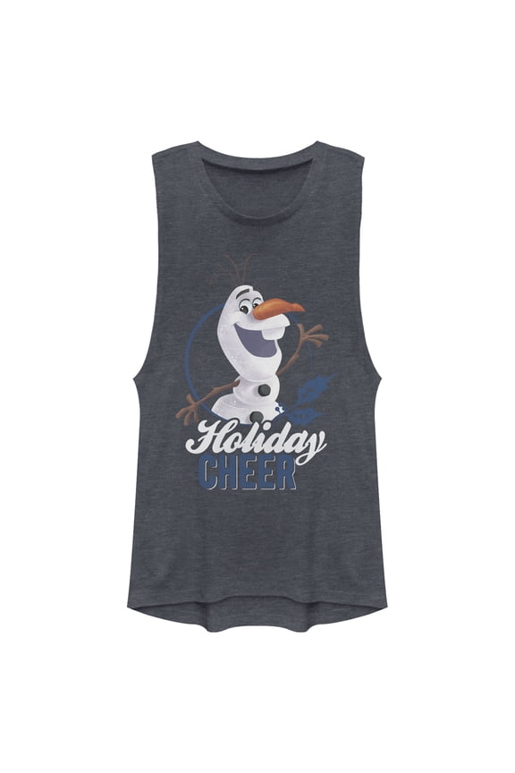 Junior's Frozen Olaf Holiday Cheer Festival Muscle Graphic Tee Denim Blue Heather Small