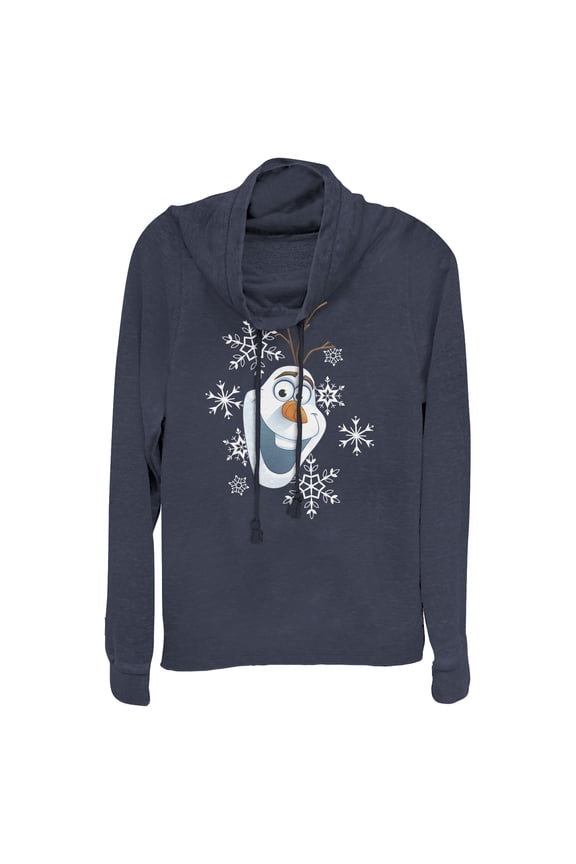 Junior's Frozen Olaf Smile Cowl Neck Sweatshirt Navy Blue Small