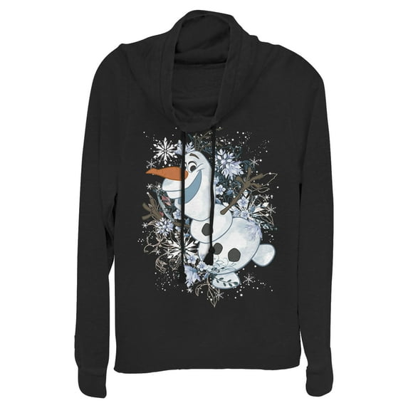 Junior's Frozen Olaf Snowflake Storm Cowl Neck Sweatshirt Black Small