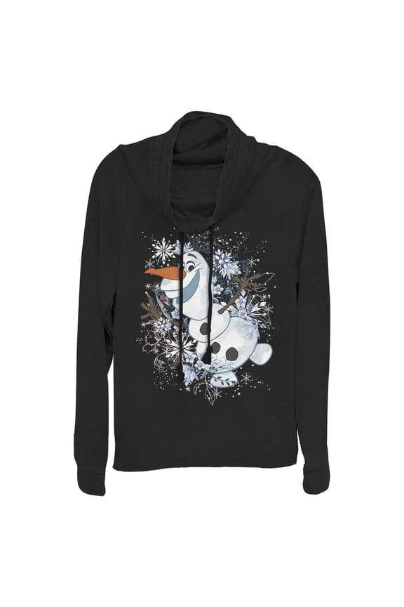 Junior's Frozen Olaf Snowflake Storm Cowl Neck Sweatshirt Black Small