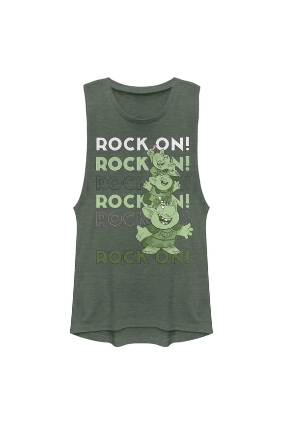 Junior's Frozen Rock On Trolls  Festival Muscle Graphic Tee Pine Green Heather X Small