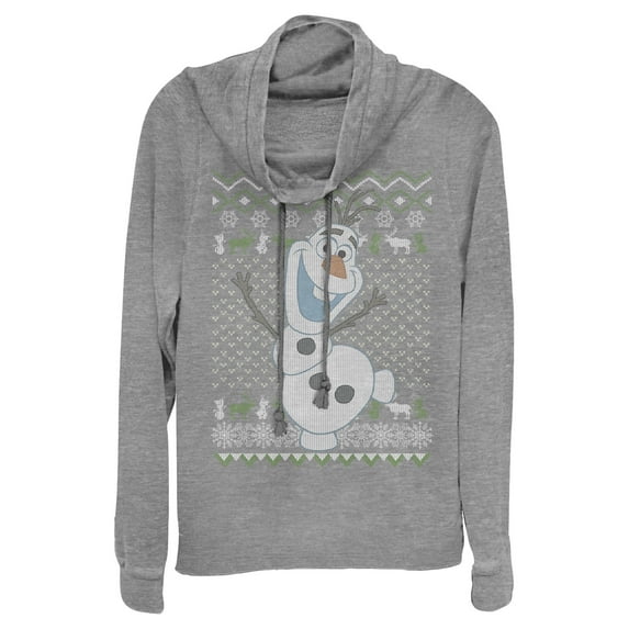 Junior's Frozen Ugly ChristmasOlaf Sven Cowl Neck Sweatshirt Gray Heather 4X Large