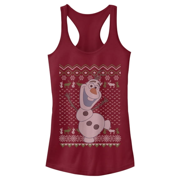 Junior's Frozen Ugly ChristmasOlaf Sven  Racerback Tank Top Scarlet 2X Large