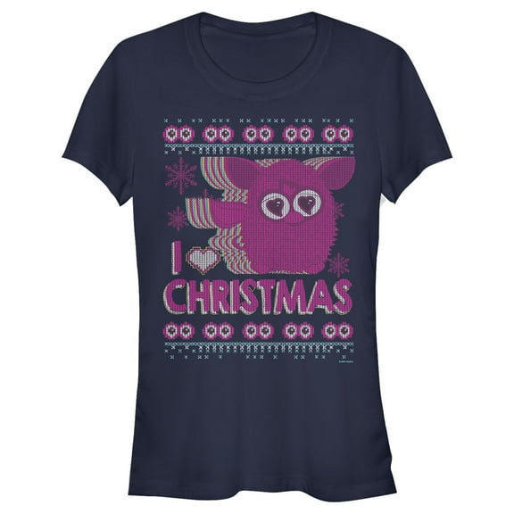 Junior's Furby I Heart Christmas Ugly Sweater Print  Graphic T-Shirt
