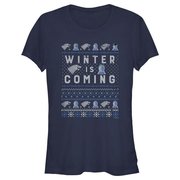 Junior's Game of Thrones Christmas Winter is Coming Sweater  Graphic Tee Navy Blue Large