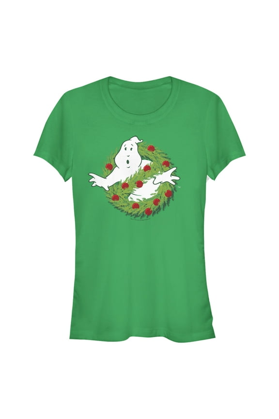 Junior's Ghostbusters Christmas Wreath Logo Graphic Tee Kelly Green Large
