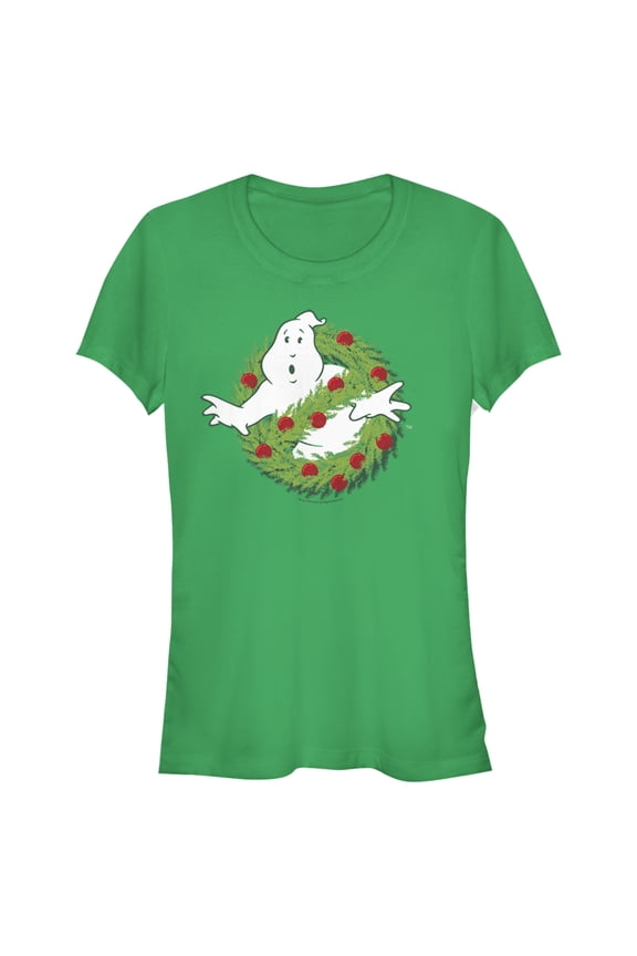 Junior's Ghostbusters Christmas Wreath Logo Graphic Tee Kelly Green Small