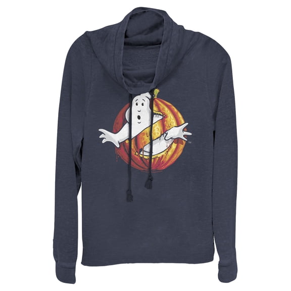 Junior's Ghostbusters Halloween Pumpkin Logo Cowl Neck Sweatshirt Navy Blue Medium