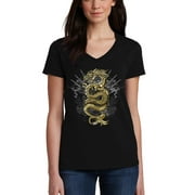 KOYOTEE Junior's Gold Dragon Black V-Neck T-Shirt 3X-Large Black