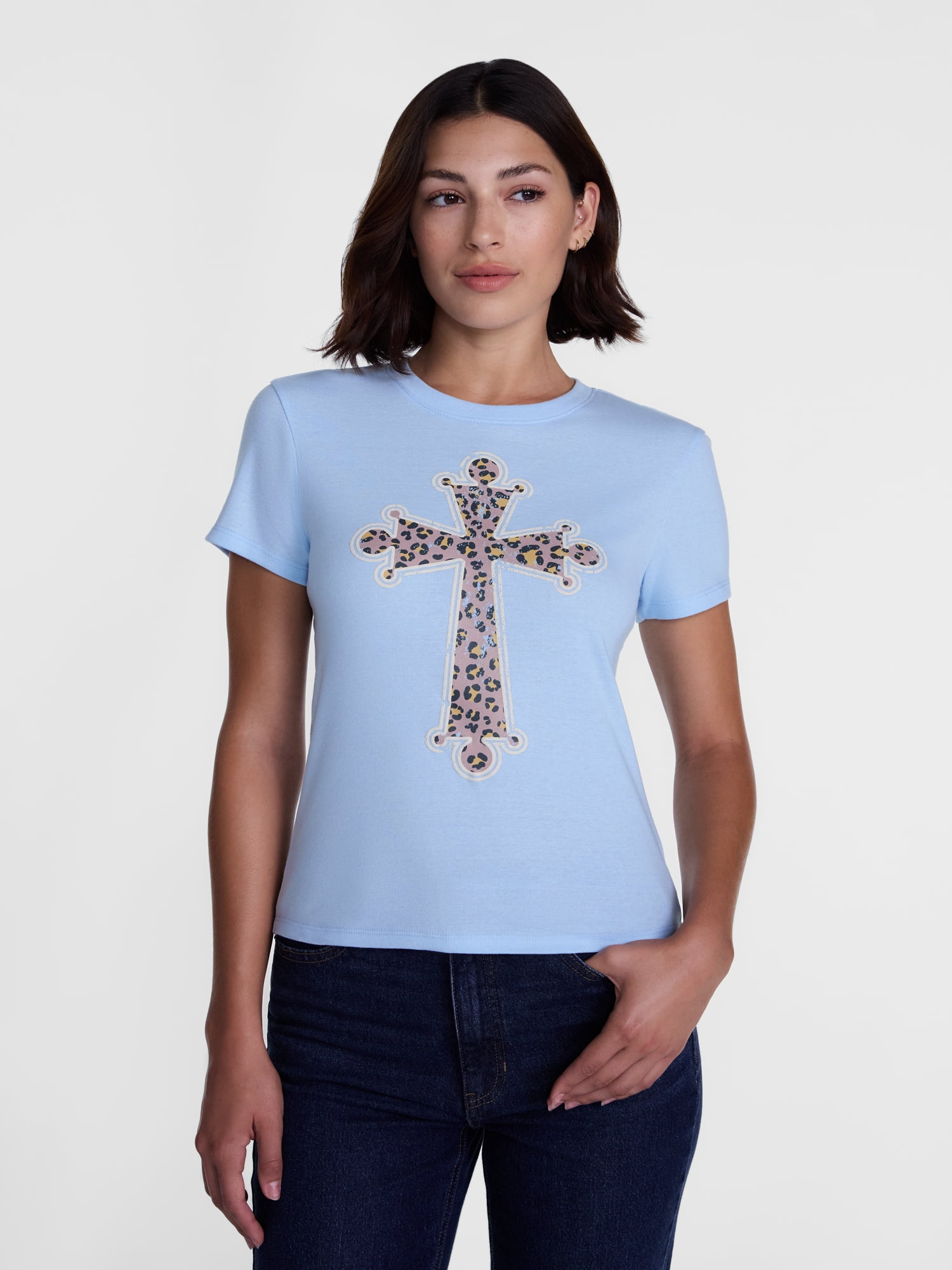 Junior's Graphic Baby Tee, Leopard Cross, Sizes XXS-XXL