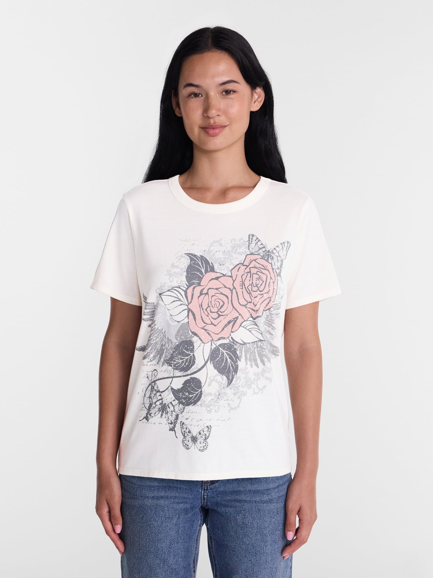 Junior's Graphic Everyday Short Sleeve Tee, Rose and Butterfly Sizes XXS-XXL