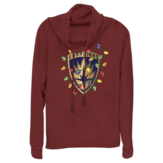 Junior's Guardians of the Galaxy Holiday Special Christmas Lights Badge Cowl Neck Sweatshirt Scarlet Large