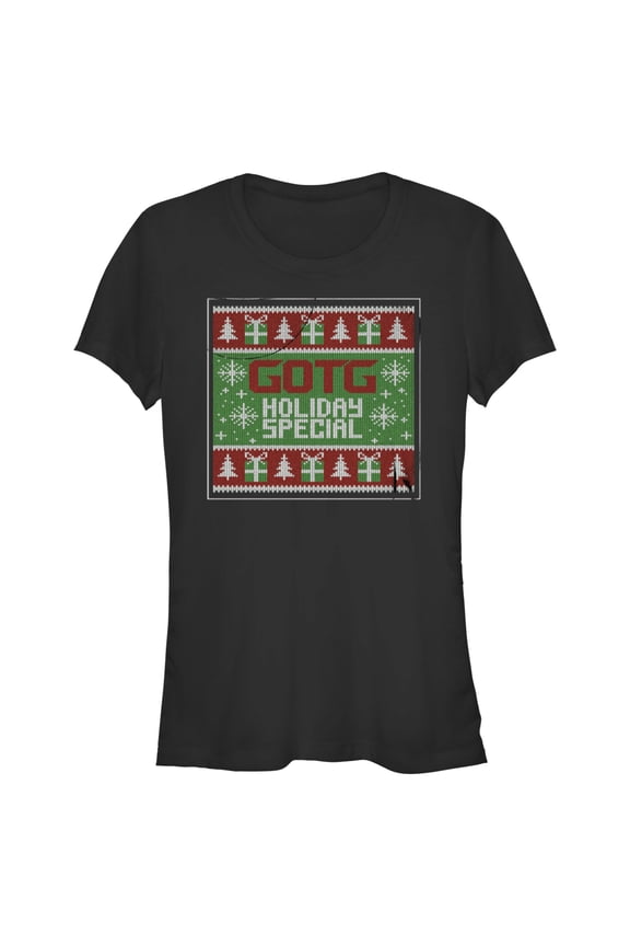 Junior's Guardians of the Galaxy Holiday Special Christmas Sweater Square Graphic Tee Black X Large