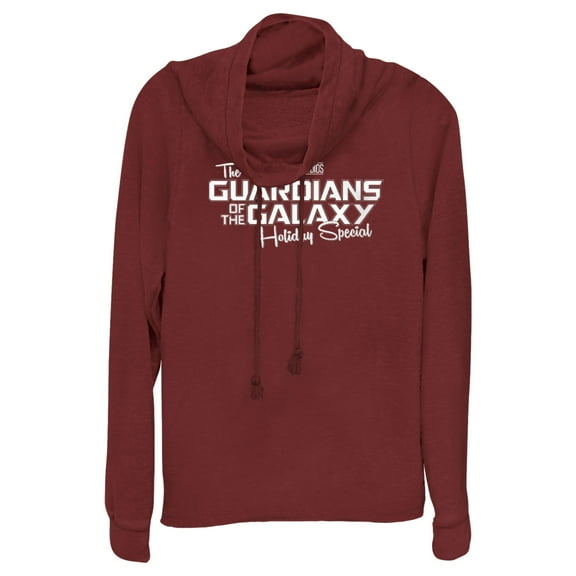 Junior's Guardians of the Galaxy Holiday Special White Logo Cowl Neck Sweatshirt Scarlet X Small