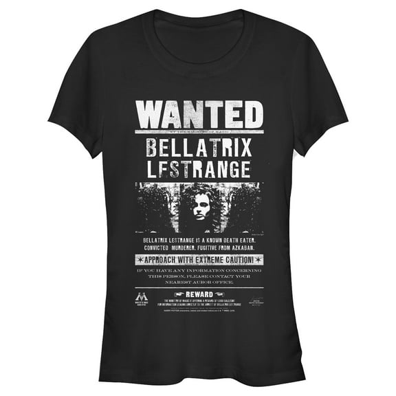 Junior's Harry Potter Bellatrix Wanted Poster  Graphic Tee Black Large