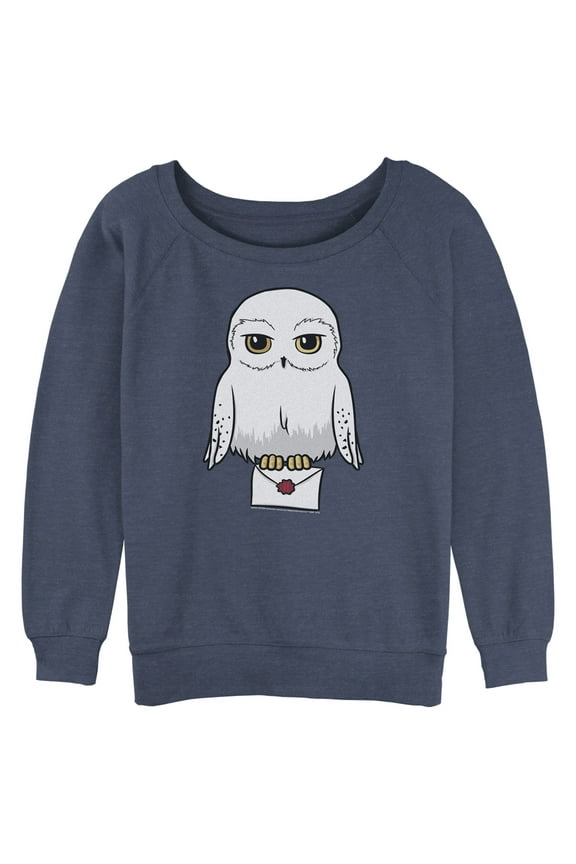 Junior's Harry Potter Cartoon Hedwig Letter Sweatshirt Blue Heather Large