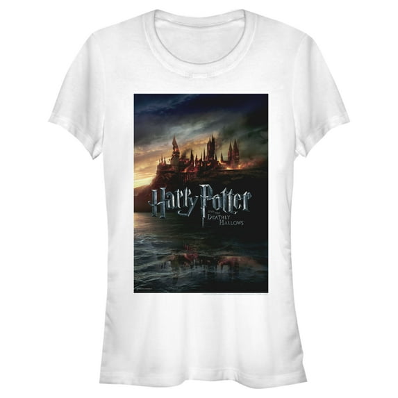 Junior's Harry Potter Deathly Hallows Hogwarts Poster Graphic Tee White Large