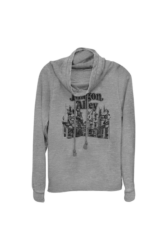 Junior's Harry Potter Distressed Diagon Alley Sketch Cowl Neck Sweatshirt