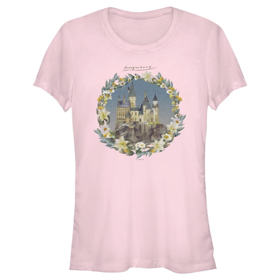 Junior's Harry Potter Floral Wreath Hogwarts Graphic Tee Light Pink Medium