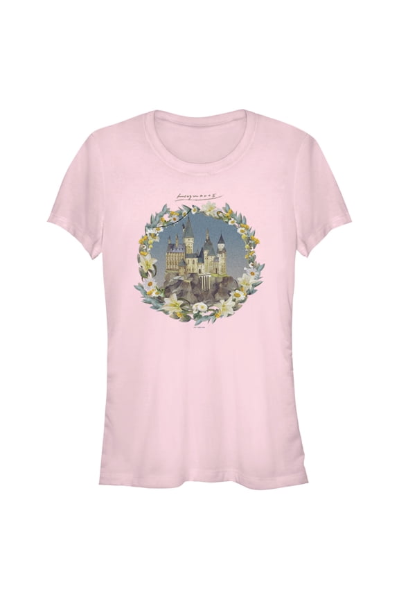 Junior's Harry Potter Floral Wreath Hogwarts  Graphic Tee Light Pink Medium