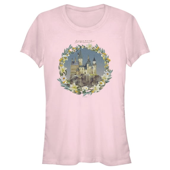 Junior's Harry Potter Floral Wreath Hogwarts Graphic Tee Light Pink Small