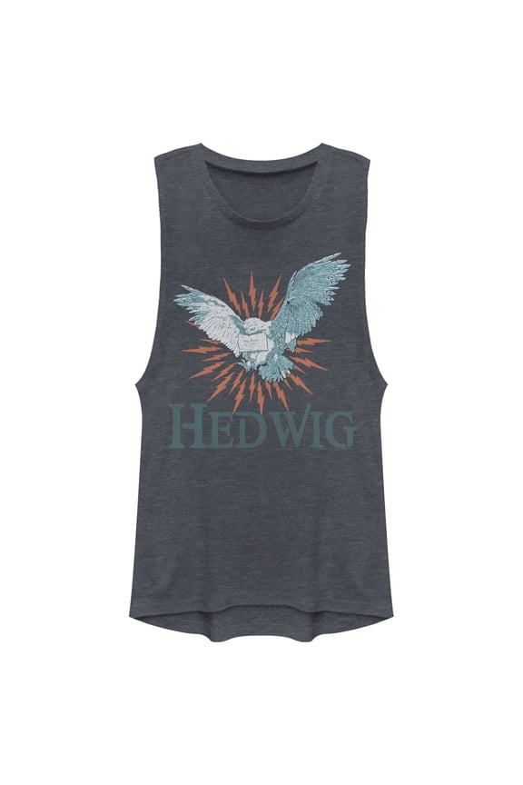 Junior's Harry Potter Hedwig Owl Flight Festival Muscle Graphic Tee Denim Blue Heather X Large