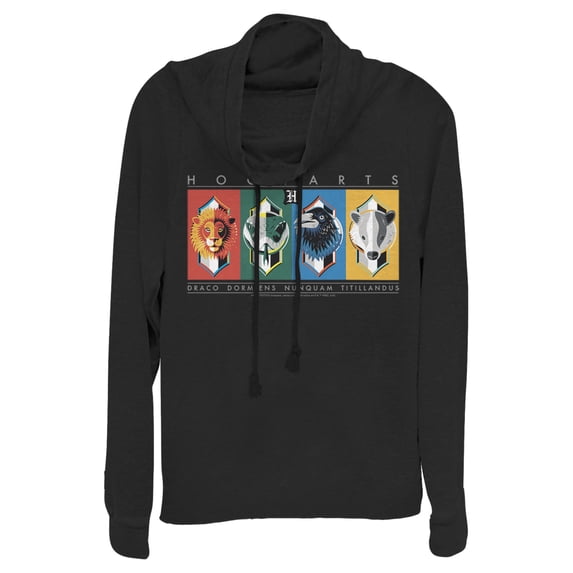 Junior's Harry Potter Hogwarts House Mascots Cowl Neck Sweatshirt Black X Large