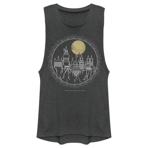 Junior's Harry Potter Hogwarts Line Art Moonrise  Festival Muscle Graphic Tee Charcoal Small