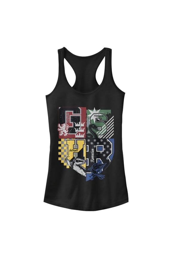 Junior's Harry Potter House Crests Shield  Racerback Tank Top Black X Small