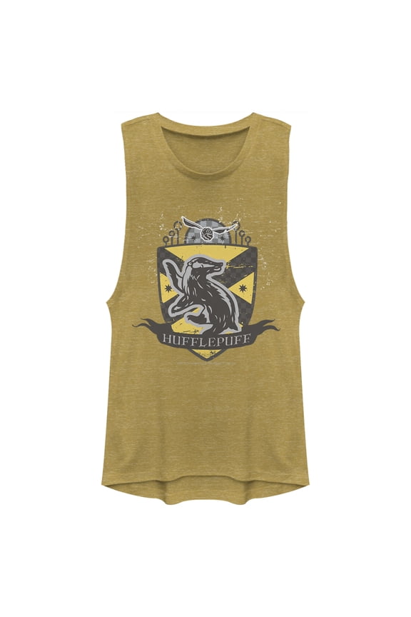 Junior's Harry Potter Hufflepuff Snitch Crest Festival Muscle Graphic Tee Gold Heather X Small