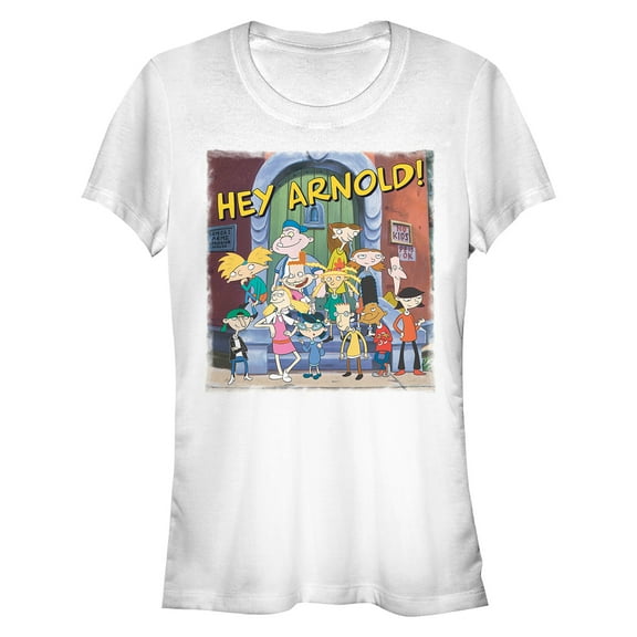 Junior's Hey Arnold! Characters on the Stoop Graphic Tee White Medium