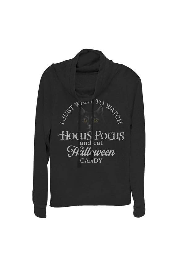 Junior's Hocus Pocus Just Want to Eat Halloween Candy  Cowl Neck Sweatshirt Black Medium