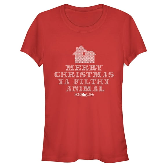 Junior's Home Alone Merry Christmas Ya Filthy Animal Cross Stitch Graphic Tee Red Small