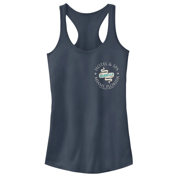 Junior's Jane the Virgin Marbella Hotel Logo Racerback Tank Top Indigo X Large