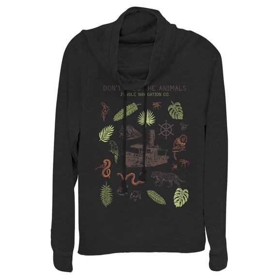 Junior's Jungle Cruise Don't Feed The Animals  Cowl Neck Sweatshirt Black Medium