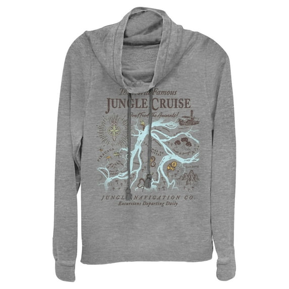 Junior's Jungle Cruise Excursion Map Cowl Neck Sweatshirt Gray Heather X Large