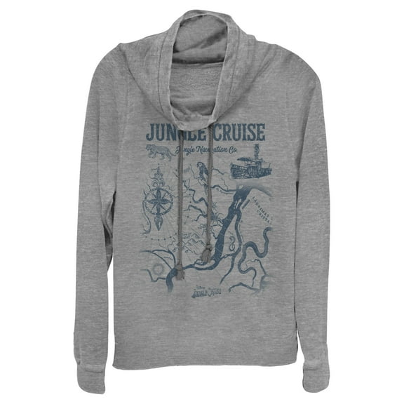 Junior's Jungle Cruise Map of the Jungle Cowl Neck Sweatshirt Gray Heather X Small